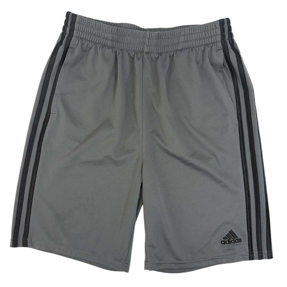 Adidas Boys XL 18/20 Gray Black Striped Athletic Shorts Drawstring Pockets